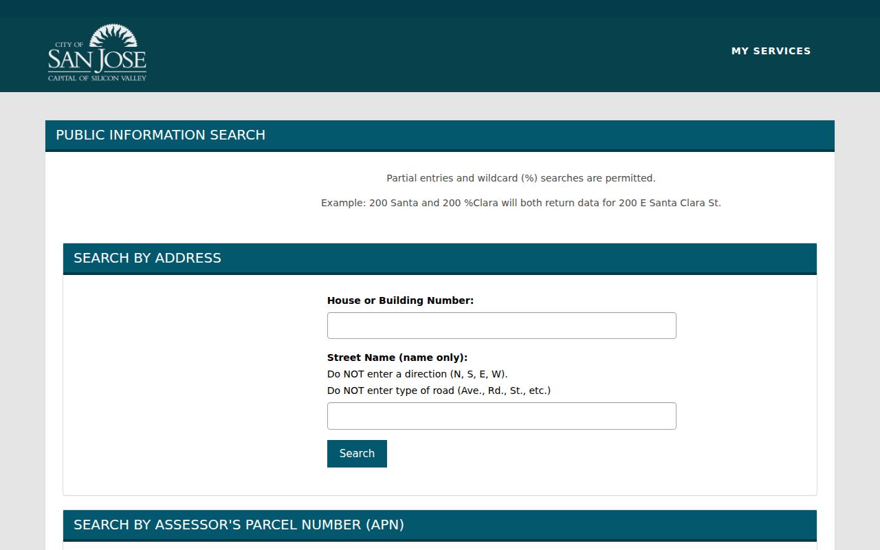 San Jose people search with the city permit and property search fields