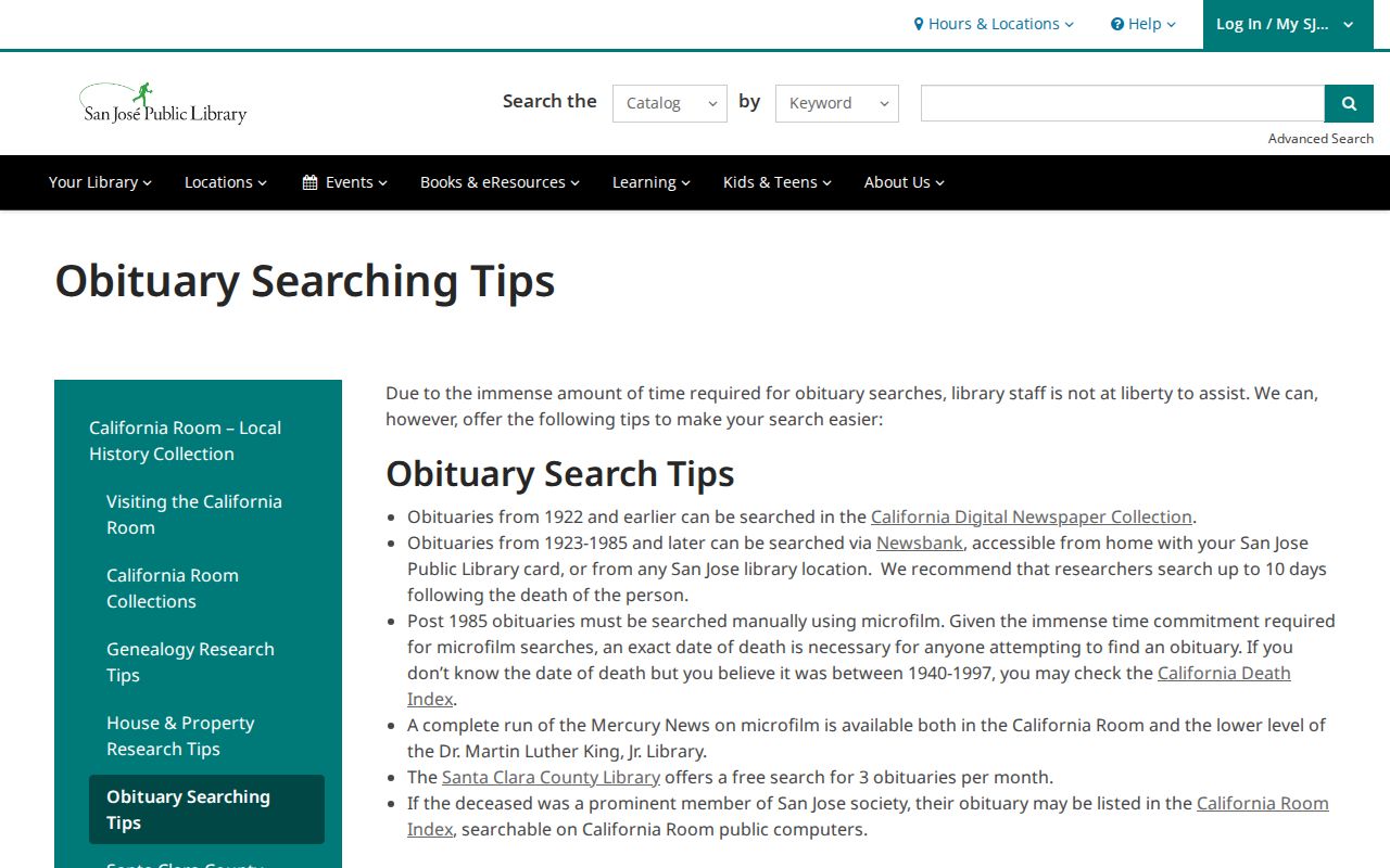 San Jose people directories for obituary searching at SJPL